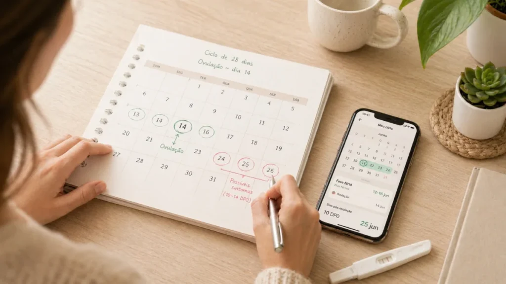 Calendário menstrual com ovulação e possíveis dias de sintomas de gravidez marcados