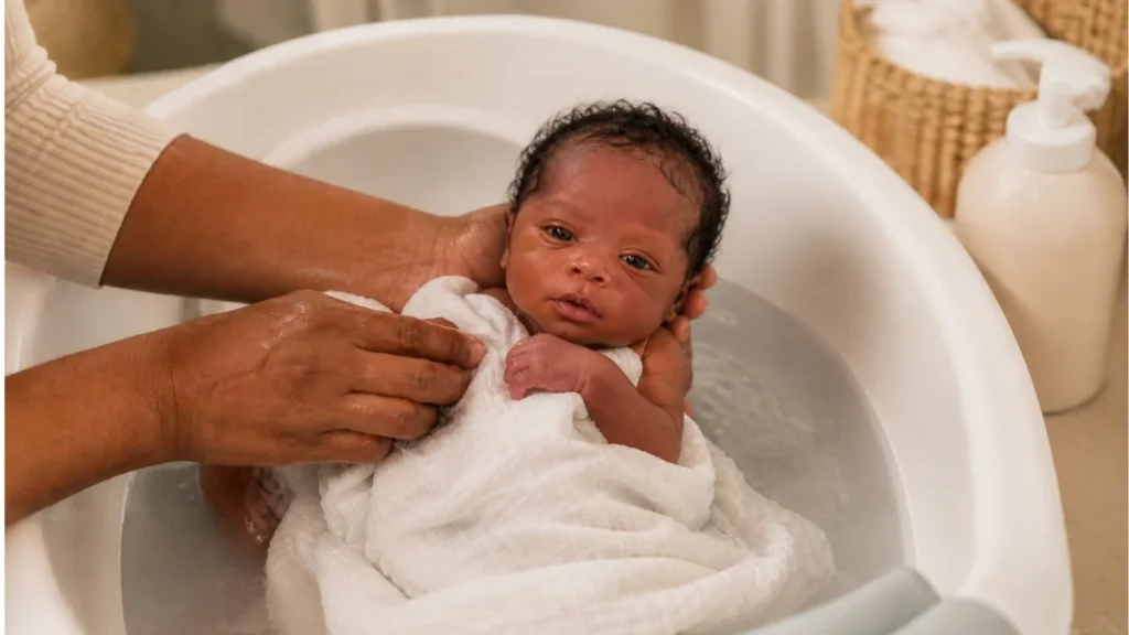 Bebê recém-nascido negro tomando banho em uma banheira com apoio de um adulto.