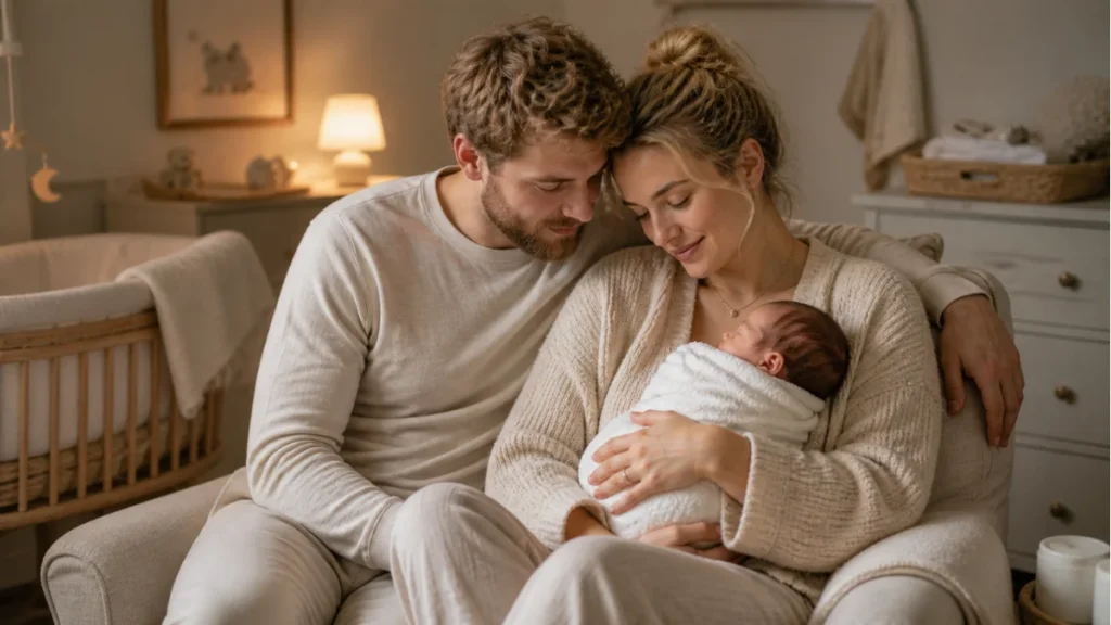 casal nos primeiros dias com o bebê, observando o bebê recém-nascido no colo em um quarto infantil.