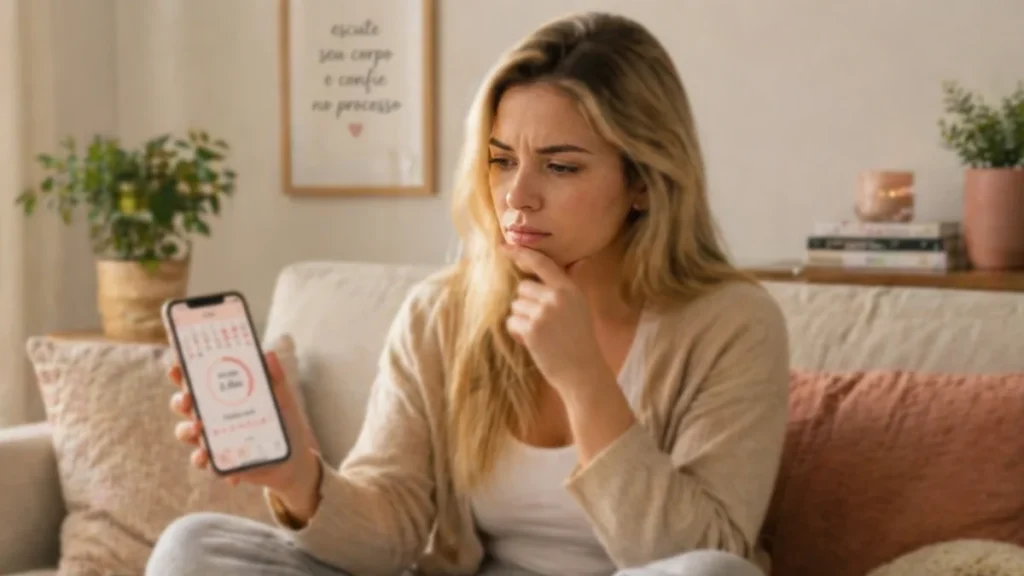 Mulher observando aplicativo de ciclo menstrual com atraso e pensando nos primeiros sintomas de gravidez.