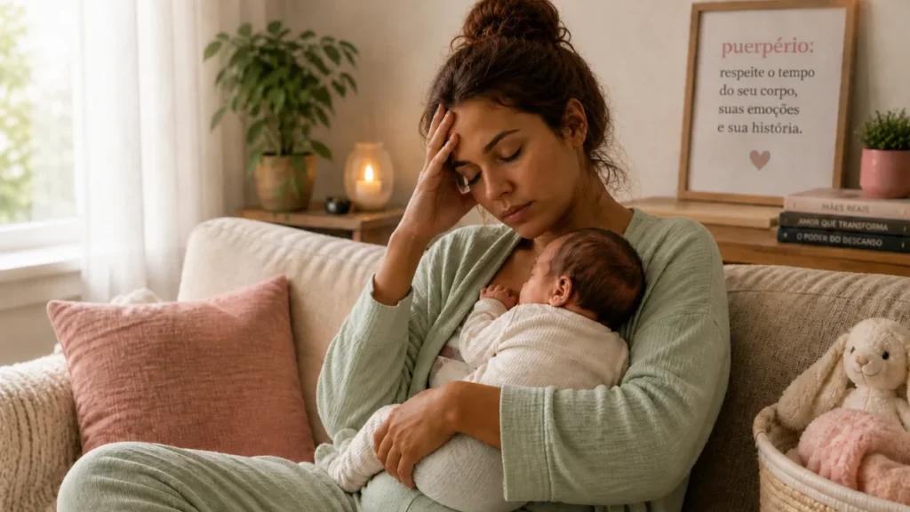 Mãe no puerpério sentada no sofá com expressão cansada e preocupada, segurando o bebê no colo em um ambiente acolhedor.