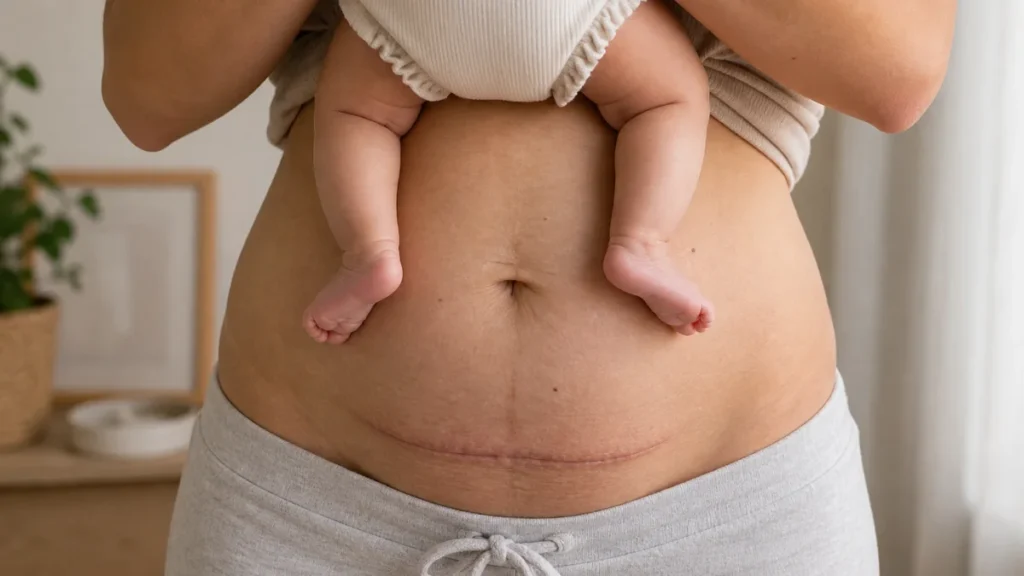 Barriga de recuperaçao pós-parto com cicatriz de cesárea enquanto a mãe segura o bebê no colo.
