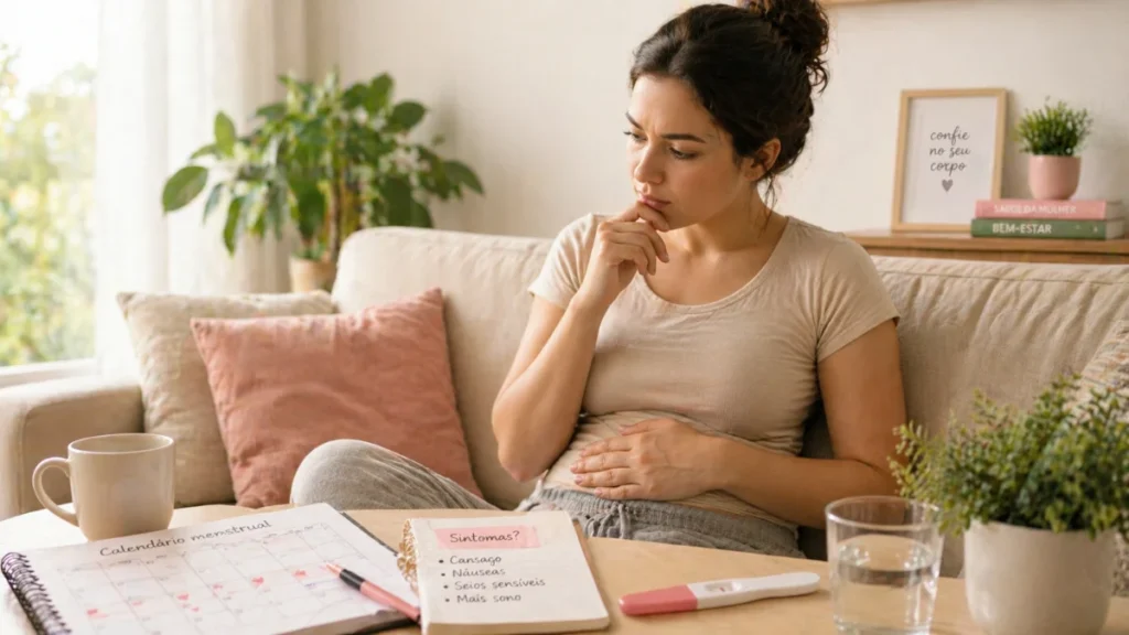 Mulher observando sintomas antes do atraso menstrual com calendário e teste de gravidez sobre a mesa.
