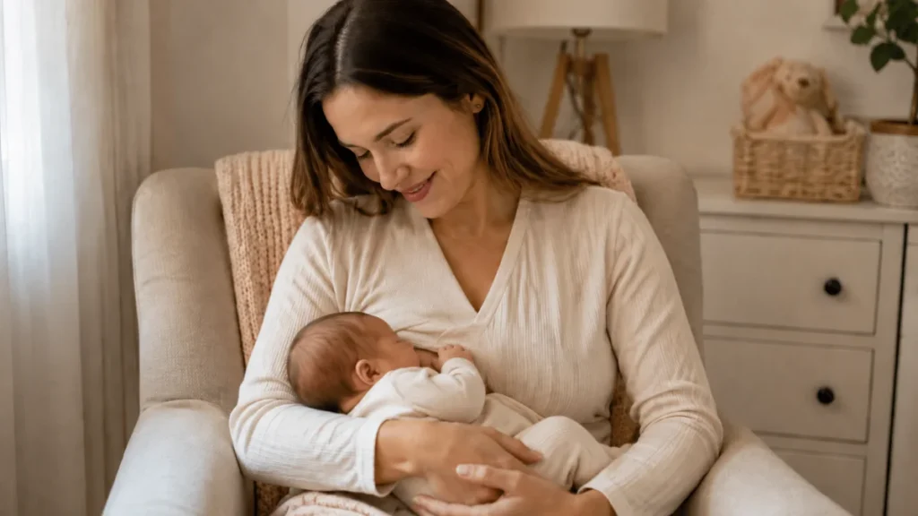 Mãe amamenta recém-nascido no colo em uma poltrona, com o bebê cobrindo o seio durante a mamada.