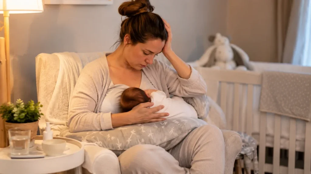 Mãe amamenta recém-nascido no colo em uma poltrona, com expressão de cansaço nos primeiros dias.