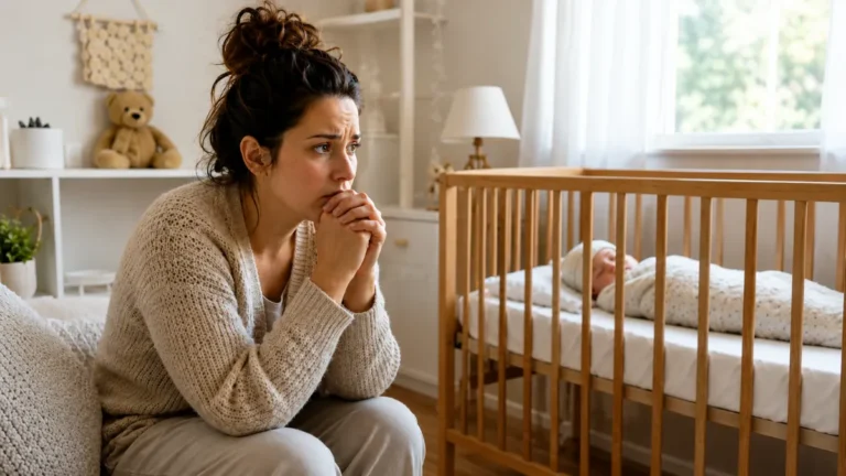 Mãe com expressão ansiosa sentada no quarto do bebê, com as mãos próximas ao rosto, enquanto o recém-nascido dorme no berço ao lado.