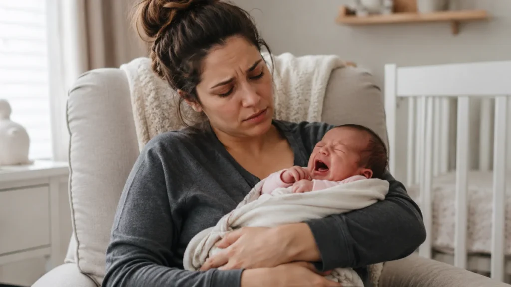 Mãe no pós-parto segura recém-nascido chorando no colo em um quarto de bebê.