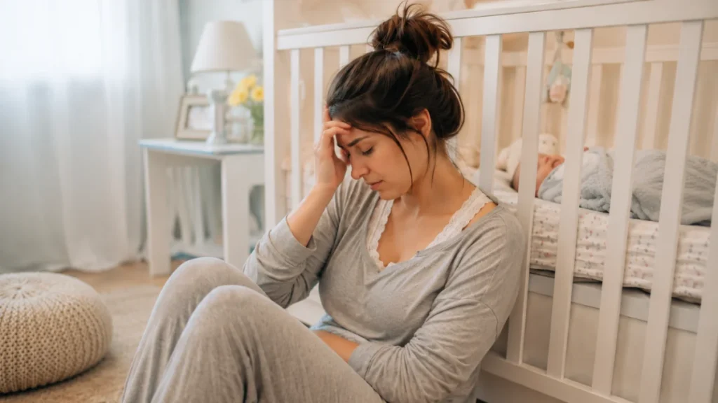 Mãe sentada no chão ao lado do berço, com expressão triste e cansada, enquanto o bebê recém-nascido dorme deitado no berço em um quarto claro e acolhedor.