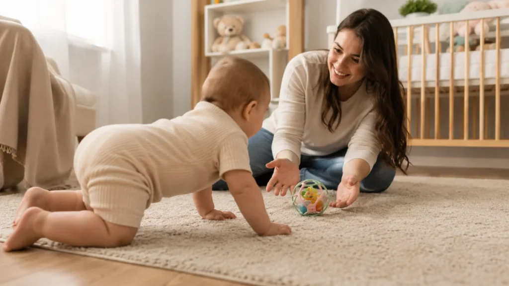 Mãe sentada no chão brinca com seu bebê, que começa a engatinhar em sua direção para alcançar um brinquedo colorido.