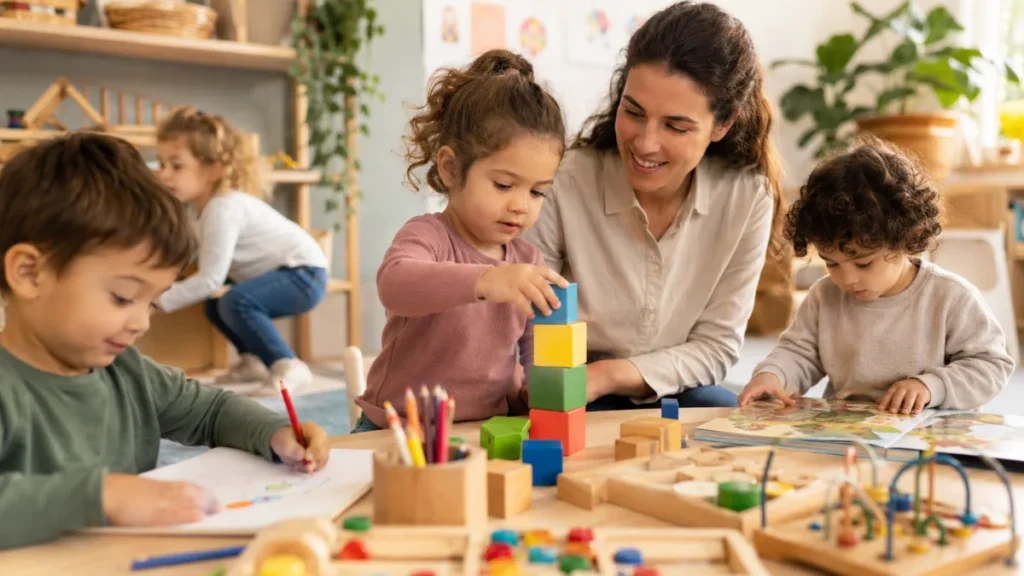Crianças de 2 a 5 anos brincam e aprendem em sala infantil com acompanhamento de uma adulta.