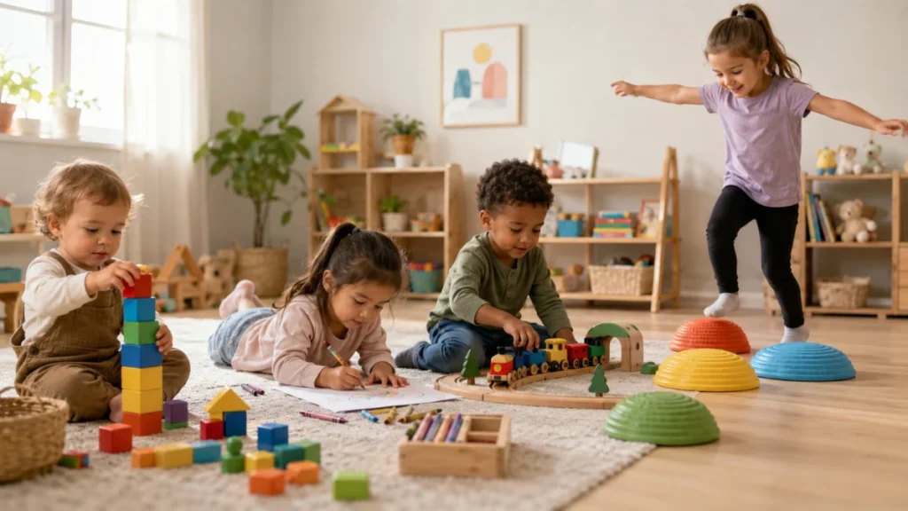Crianças pequenas brincam com blocos, desenhos, trem de madeira e brinquedos de equilíbrio em uma sala infantil.