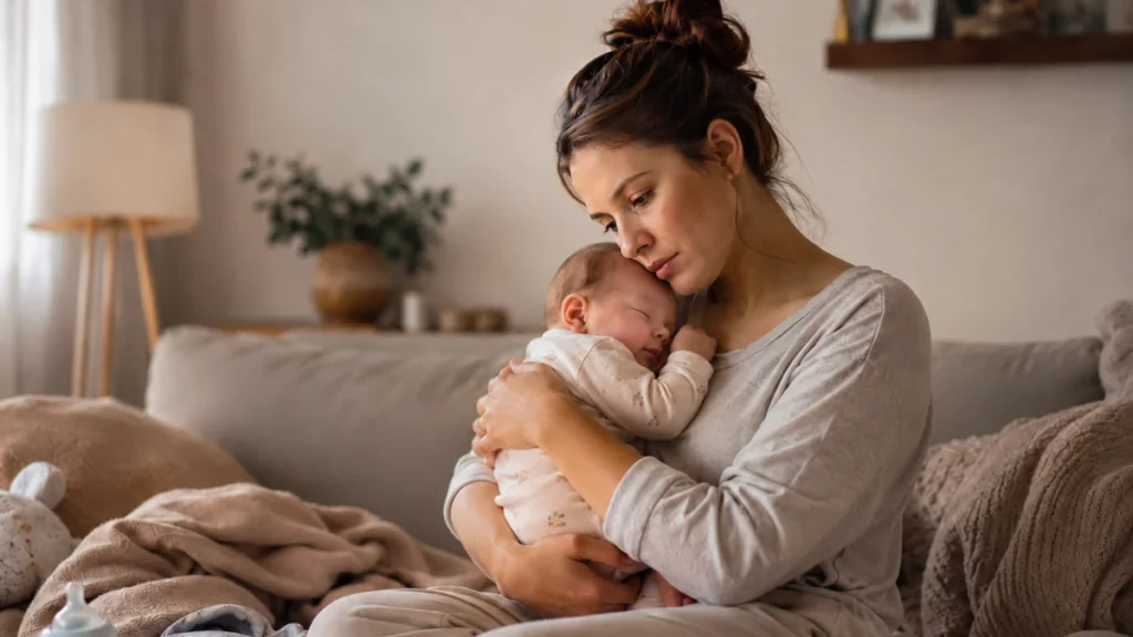 Mãe segurando o bebê no colo com expressão de cansaço em um quarto.