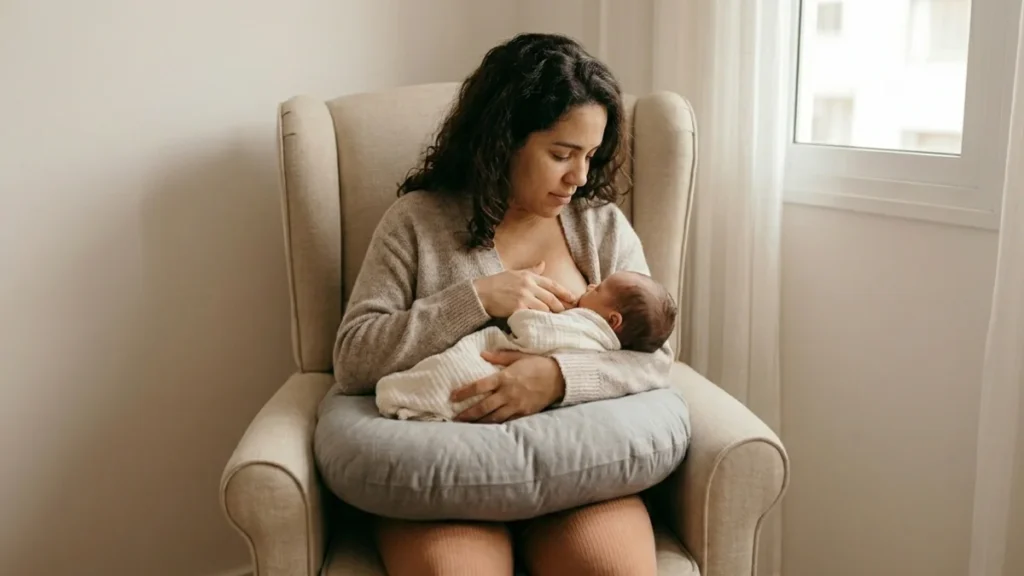 Mãe amamenta bebê recém-nascido em uma poltrona com apoio de almofada de amamentação.