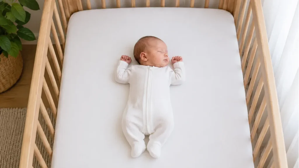 Bebê de 1 mês dorme de barriga para cima em berço vazio, usando roupa de sono branca.