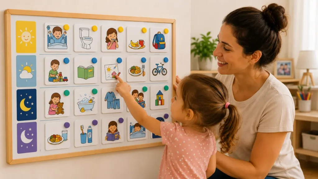 Mãe e filha organizam juntas um quadro visual de rotina infantil com cartões ilustrados.