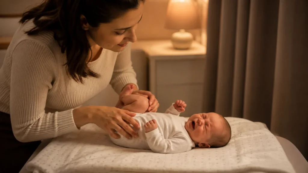 cólica em bebê chorando com mãe massageando a barriga do bebê chorando em calmo e com luz baixa.