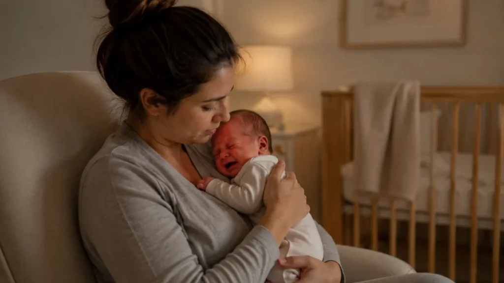 Refluxo em recém-nascido. Mãe nina bebê chorando no colo em um quarto calmo e com luz suave.
