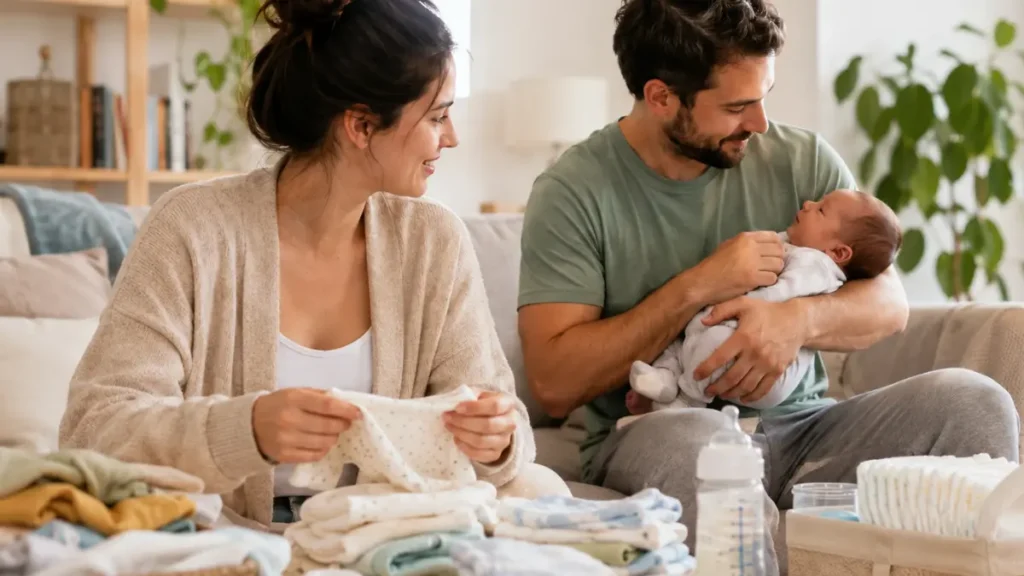 Divisao de tarefas com o parceiro em casa, com pai no colo e mãe organizando roupas.