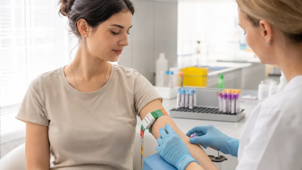 Mulher realiza exames do 1º trimestre da gravidez durante o pré-natal inicial.