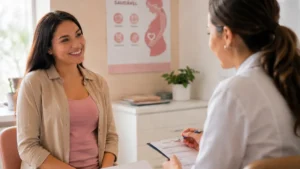 Mulher em primeira consulta de pré-natal conversa com profissional de saúde em consultório.